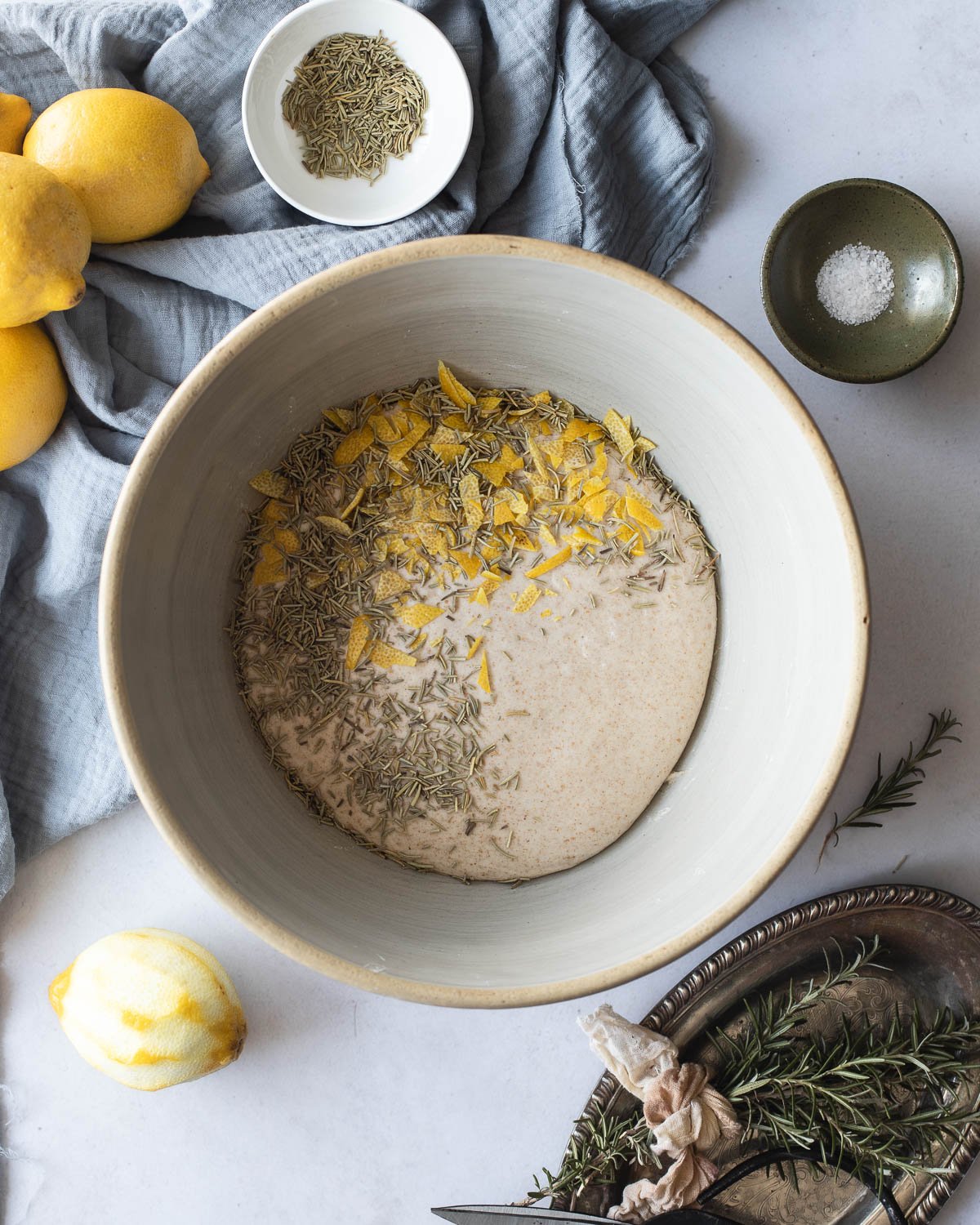 bread dough with lemon peel and rosemary