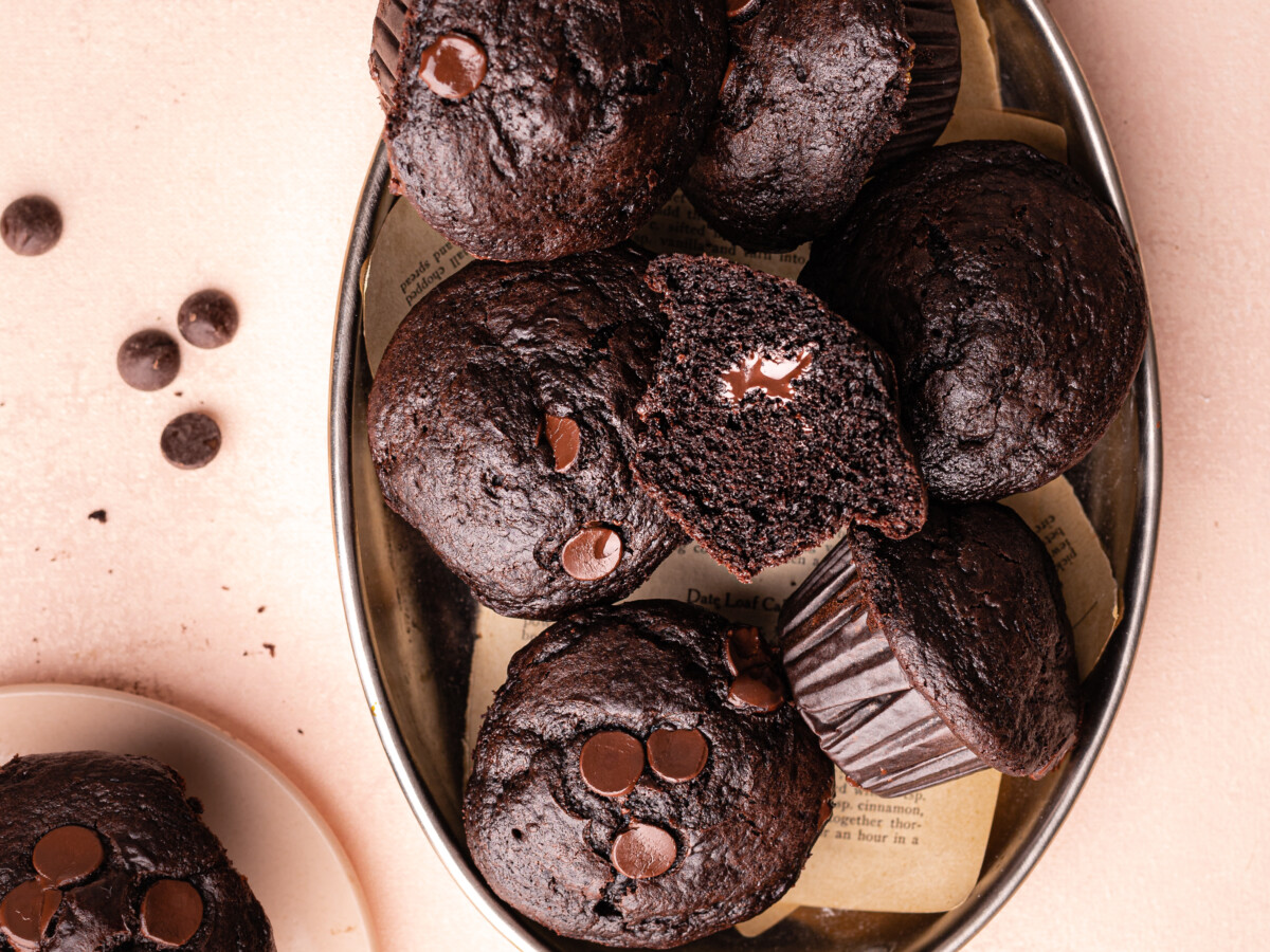 chocolate muffins in a copper platter