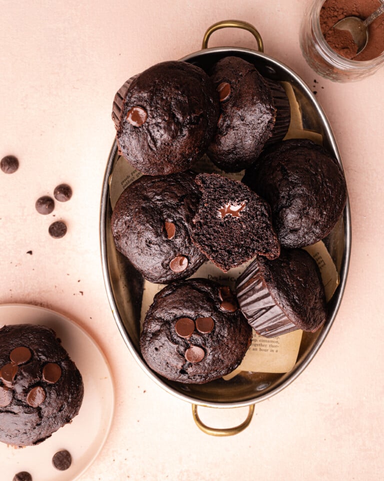 chocolate muffins in a copper platter