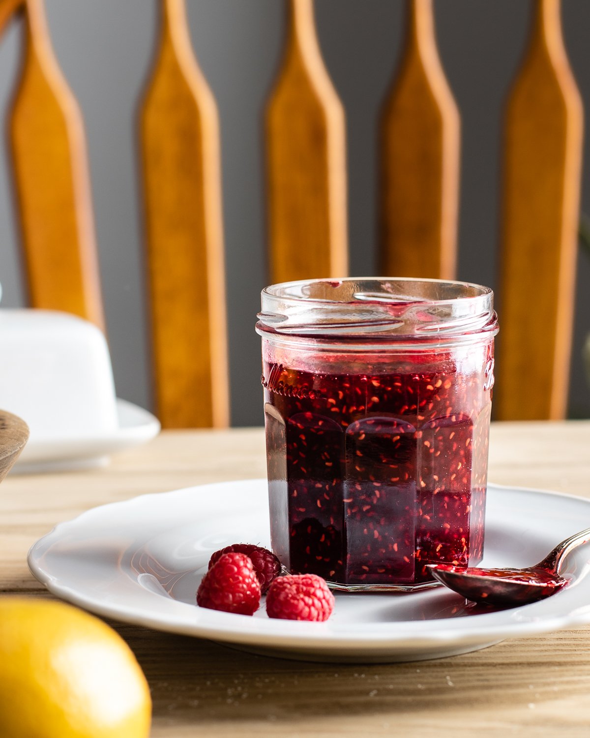 raspberry preserves in a jar.