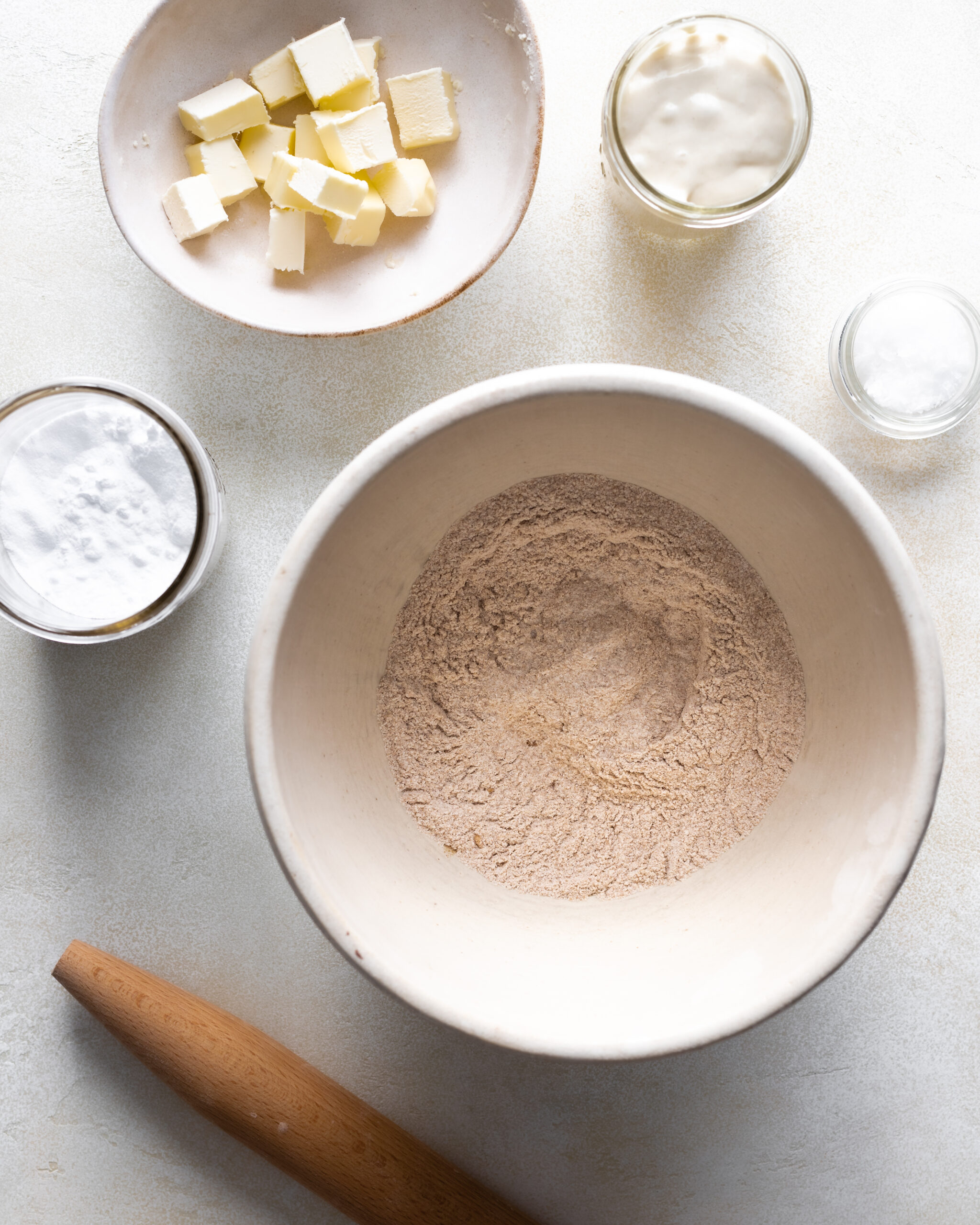 ingredients for sourdough crackers flour, baking powder, salt, sourdough discard