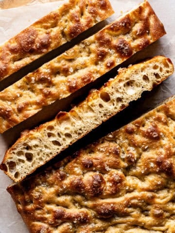 Sliced focaccia bread with the crumb showing.