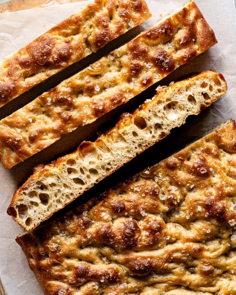 Sliced focaccia bread with the crumb showing.