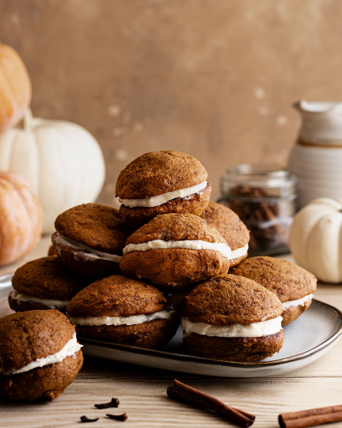 whoopie pies stacked on a rectangular platter. 