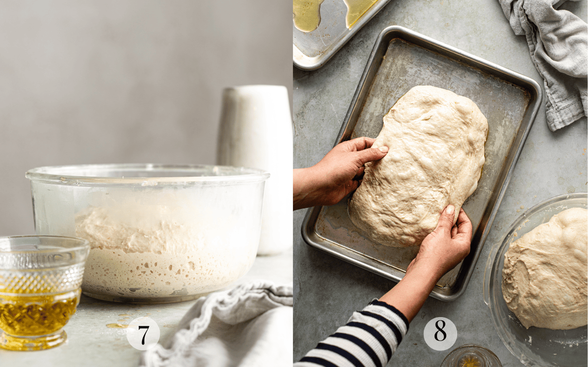 Bubbly focaccia dough in a clear mixing bowl. Hands stretching dough on a baking sheet. 