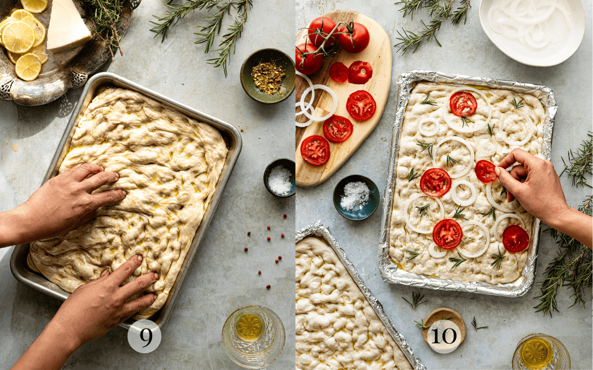 Hands pressing on focaccia dough on a baking sheet. Unbaked focaccia dough topped with tomatoes and onions. 