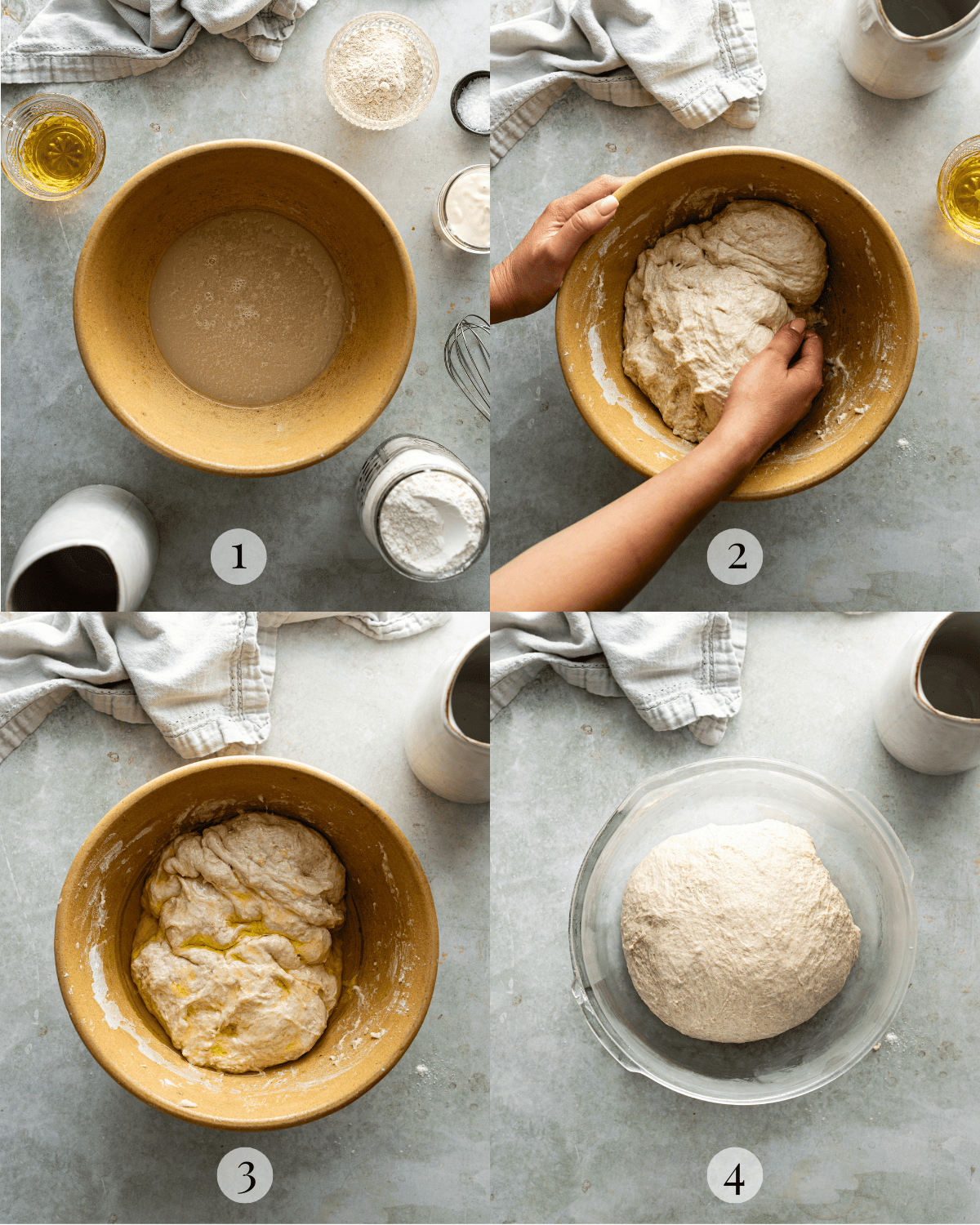 Photo grid from top left to bottom right: Yeast blooming in t yellow mixing bowl, hands kneading dough, dough with olive oil poured in, rounded dough in a clear bowl.