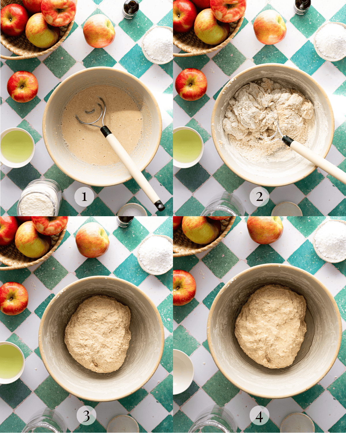 4 photo series showing making cinnamon Roll dough in large mixing bowl. 