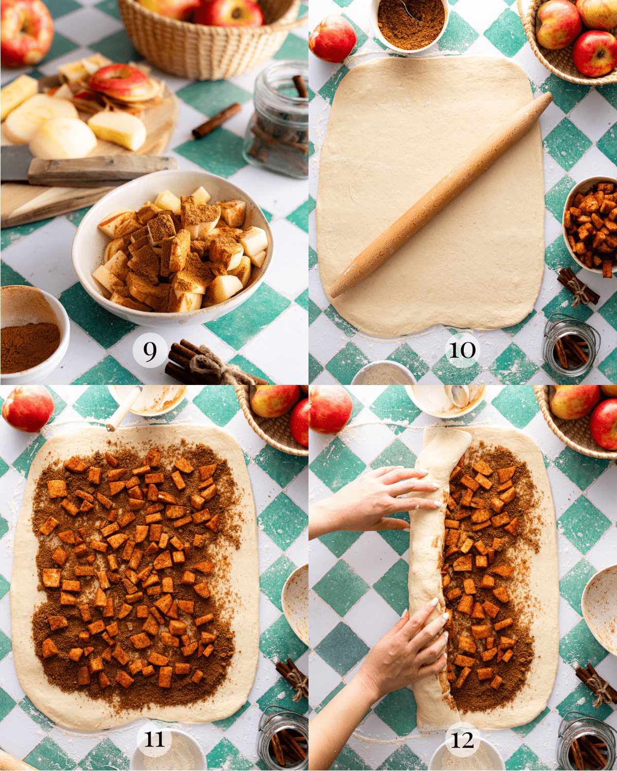 4 photo series filling cinnamon roll dough with apples and sugar.