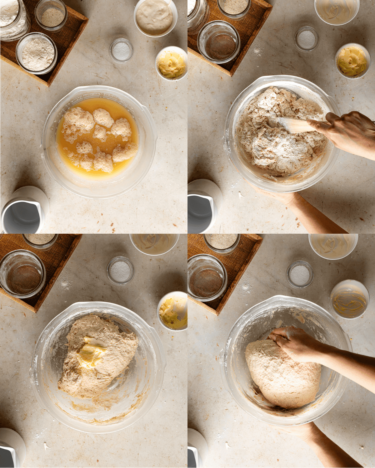 Yeast blooming in mixing bowl. Hands stirring in flour. Butter on dough. Hands kneading dough. 