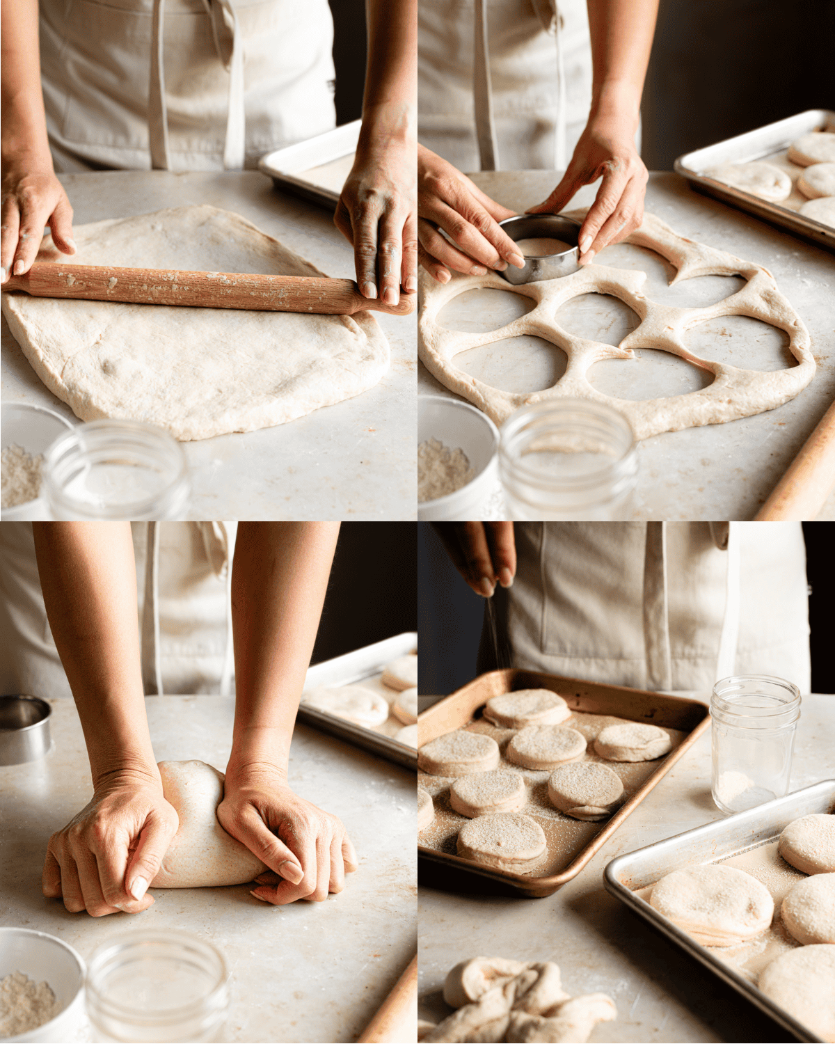 Rolling pin rolling out dough. Hands cutting out dough with biscuit cutter. Hands kneading dough. English muffin dough on baking sheets. 