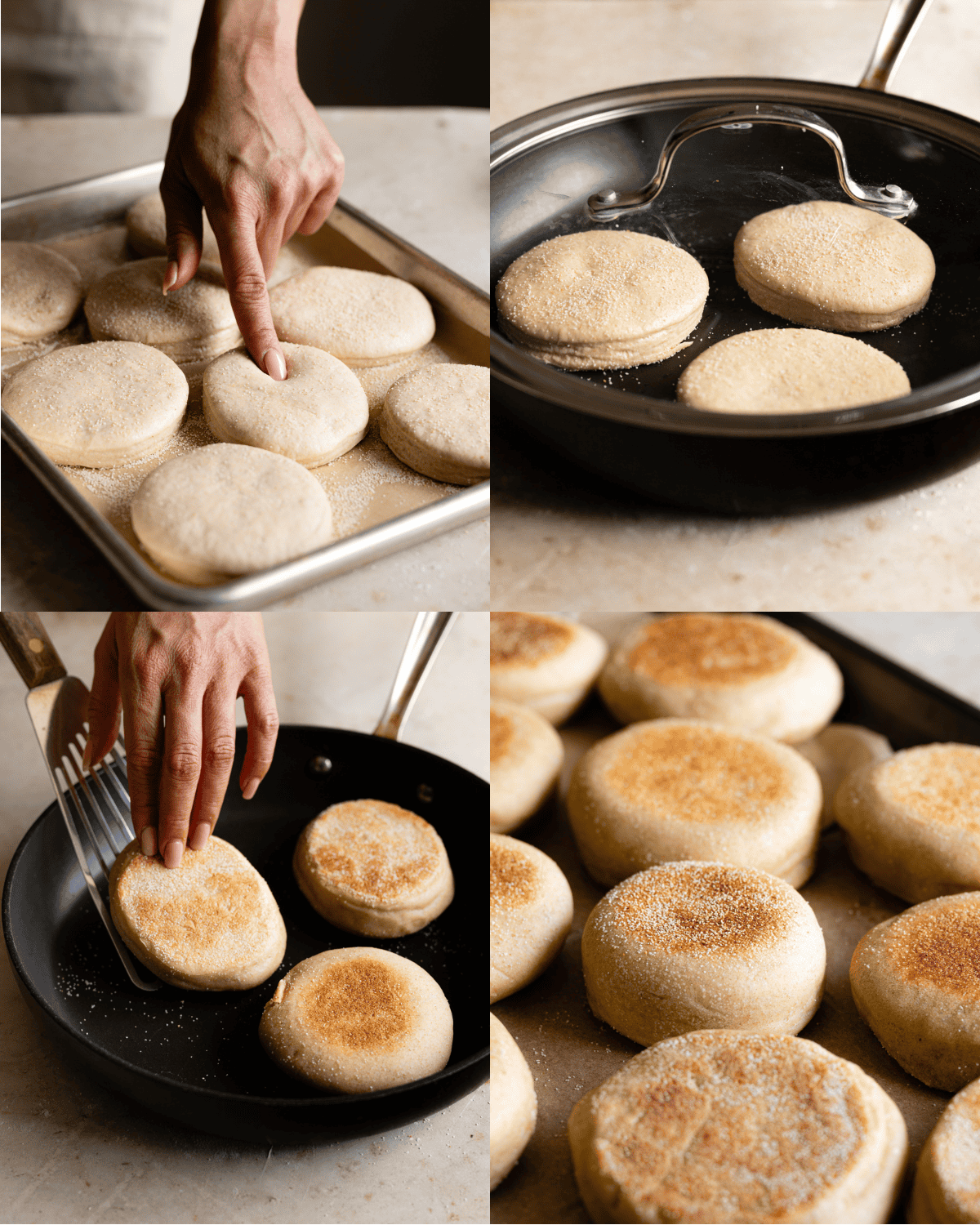 Hand poking English muffin. English muffins cooking in skillet. English muffins on a baking sheet. 