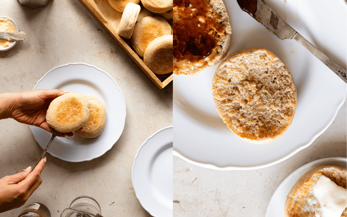 Hands holding english muffin and toasted english muffin on a plate. 