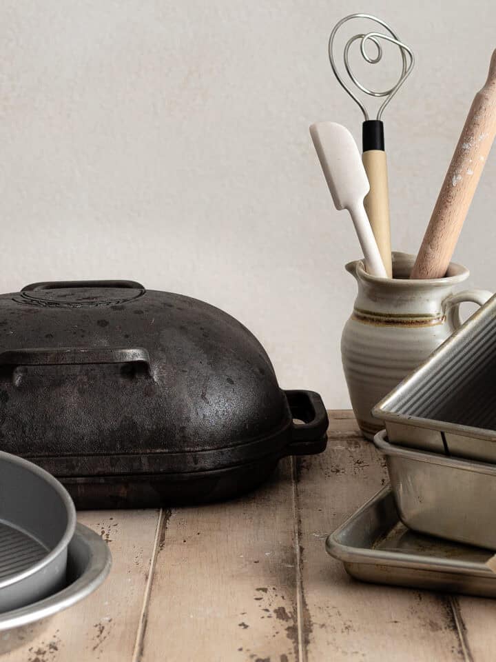 Baking tools on a wooden table.