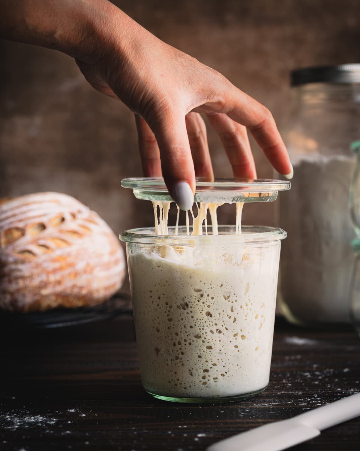 Hand picking up lid on sourdough starter jar.