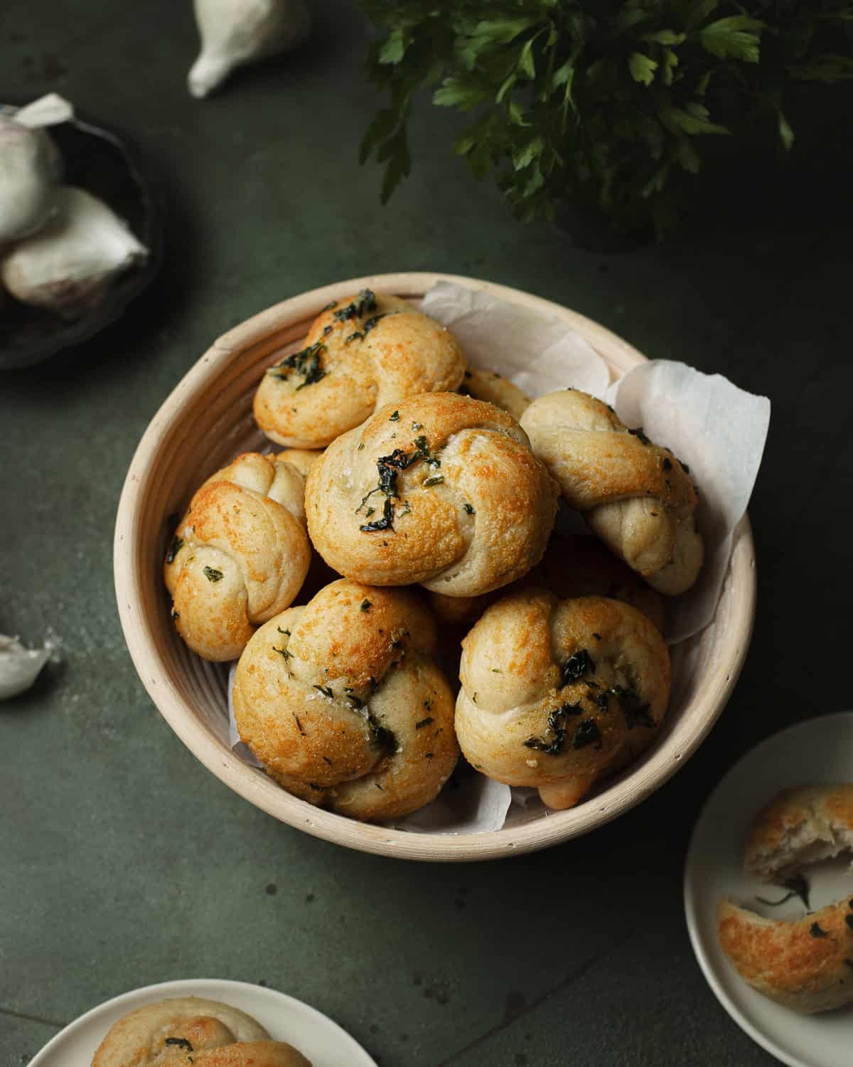 Garlic knots in a basket.